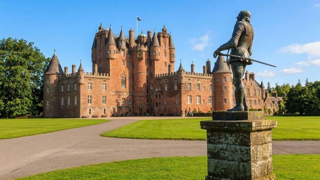 viste sul viale e il castello di Glamis Castle