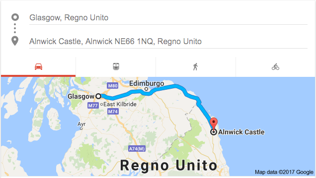mappa di google: da Glasgow a Alnwick Castle