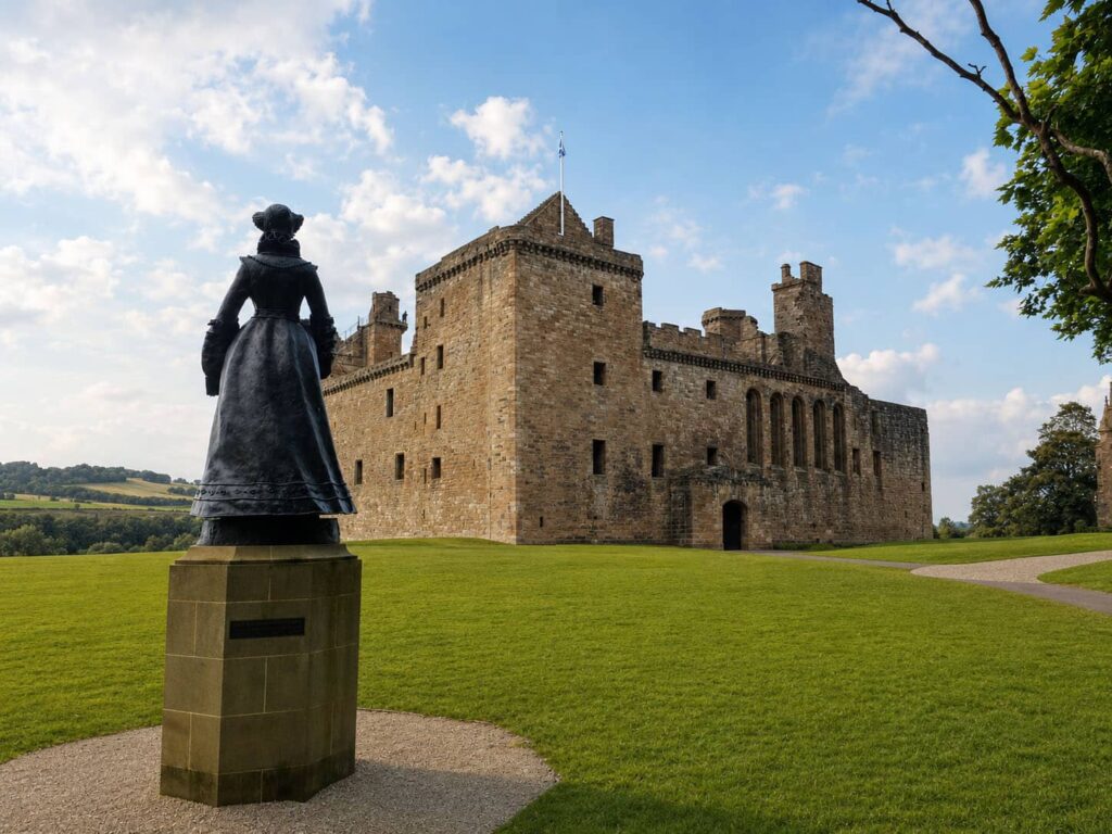 Linlithgow palace, la stuata di Maria stuarda e il parco