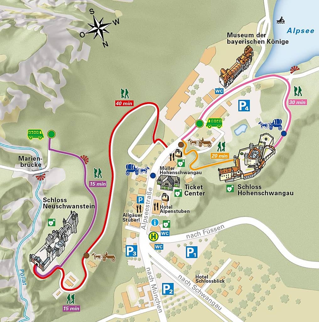 come raggiungere il castello di Neuschwanstein, mappa castelli di Ludwig baviera