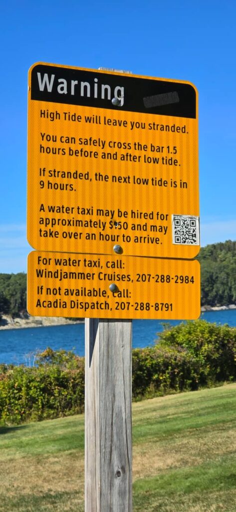 cartello allerta maree Bar Island path