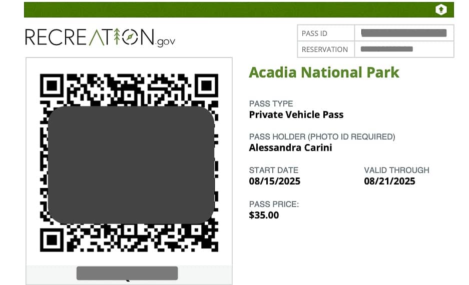 fax simile pass ingresso parco nazionale di acadia